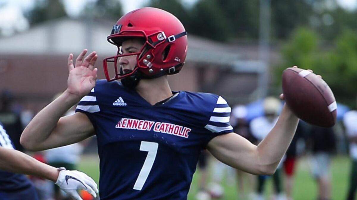 Kennedy Catholic High School quarterback Sam Huard throws a pass during a preseason camp on Friday, June 22, 2018 in Tumwater.