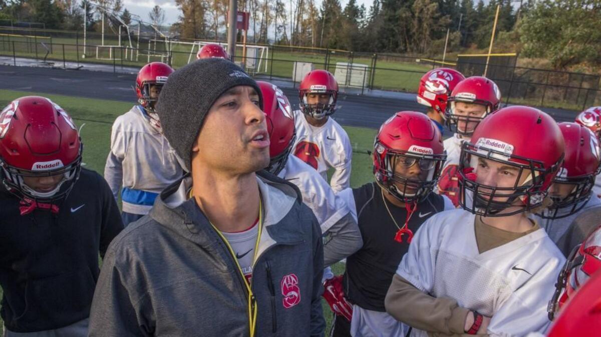 Interim head coach Colby Davies of the Steilacoom Sentinels football team in practice. November 15, 2017