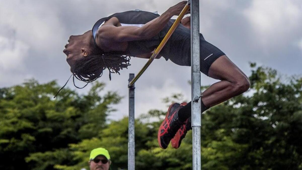 Emmanuel Thornton of Franklin Pierce doesn’t clear 6-foot, 6-inches, but he won the AA boys high jump on day 2 of Star Track at Mount Tahoma Stadium.
