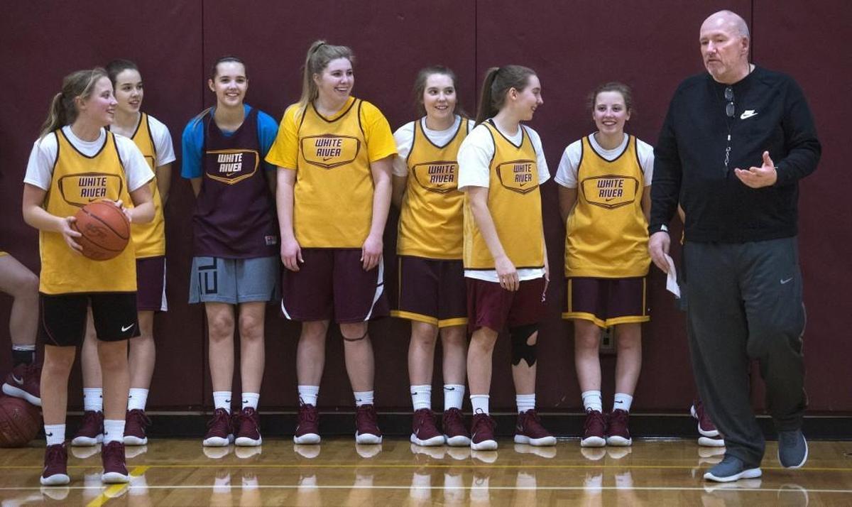 White River head coach Chris Gibson directs the Hornets during girls basketball practice at White River High School outside Buckley on Wednesday, Jan. 10, 2018.
