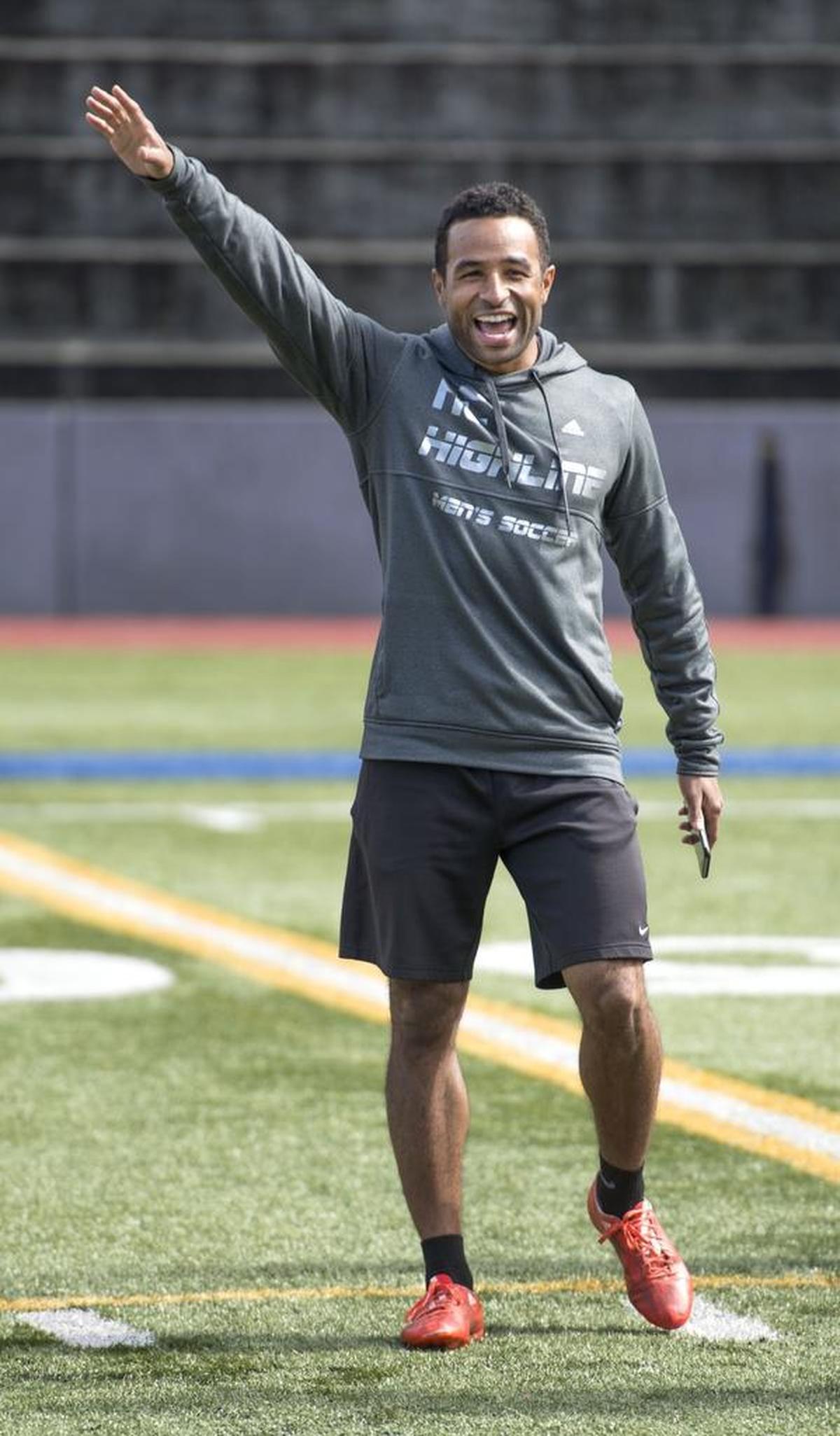 Raphael Cox, the new soccer coach at Stadium High and a former MLS player with Real Salt Lake, directs his squad during a recent practice. The Tigers have begun their season undefeated playing their first year at 3A. Photo taken in Tacoma on Wednesday, April 12, 2017.