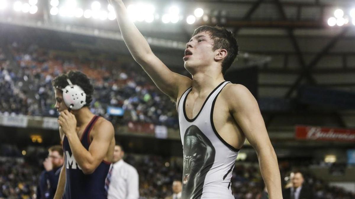 Bonney Lake's Brandon Kaylor reacts after defeating Mt. Spokane's Blake Haney in the 3A 113 pound championship match at Mat Classic XXIX at the Tacoma Dome in February. Kaylor then, on Saturday, won the 113-pound championship of the Junior Greco-Roman Nationals in Fargo, North Dakota, after also reaching the finals of the Junior Freestyle Nationals on Tuesday.