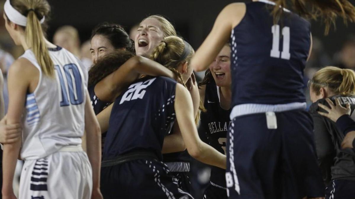 Bellarmine Prep players celebrate after Bellarmine Prep's win. Bellarmine Prep played Central Valley in a basketball game at the Tacoma Dome in Tacoma, Wash., on Thursday, March 2, 2017.
