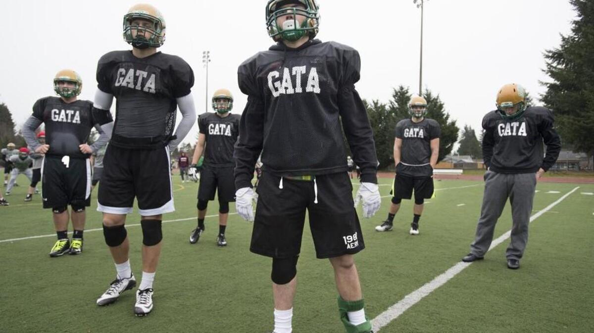 Tumwater junior Zack Jones (center) and the T-Birds defense have shut out opponents in 33 of 52 quarters this season. They face Prosser at 10 a.m. Saturday at the Tacoma Dome in the Class 2A state championship game.