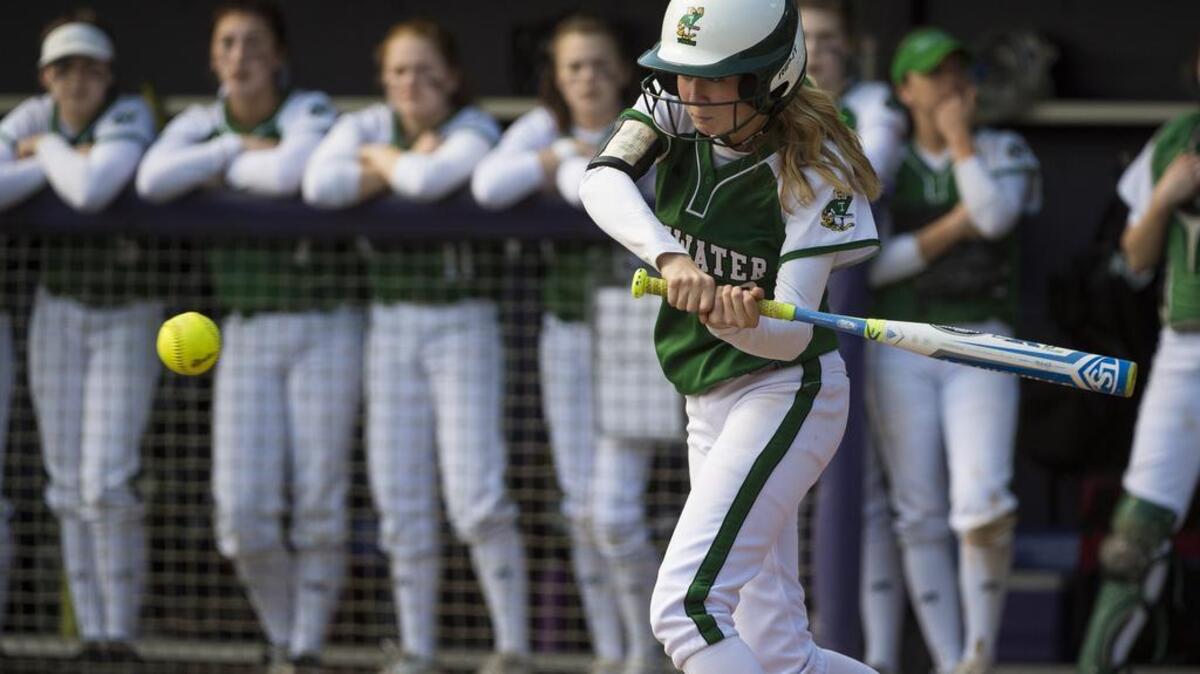 Tumwater’s Sawyer Vessey (6) swings at a pitch in the fifth inning. Yelm played Tumwater in a softball game at Husky Softball Stadium in Seattle, Wash., on Saturday, April 15, 2017.