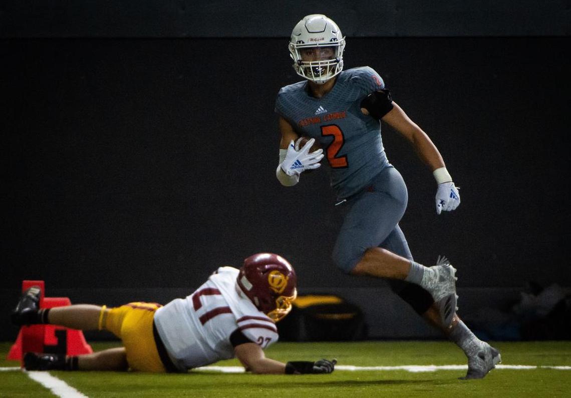 Eastside Catholic’s Sam Adams returns a punt for a touchdown in the third quarter. Eastside Catholic played O’Dea in the WIAA 3A football state championship game at the Tacoma Dome in Tacoma, Wash., on Friday, Nov. 30, 2018.