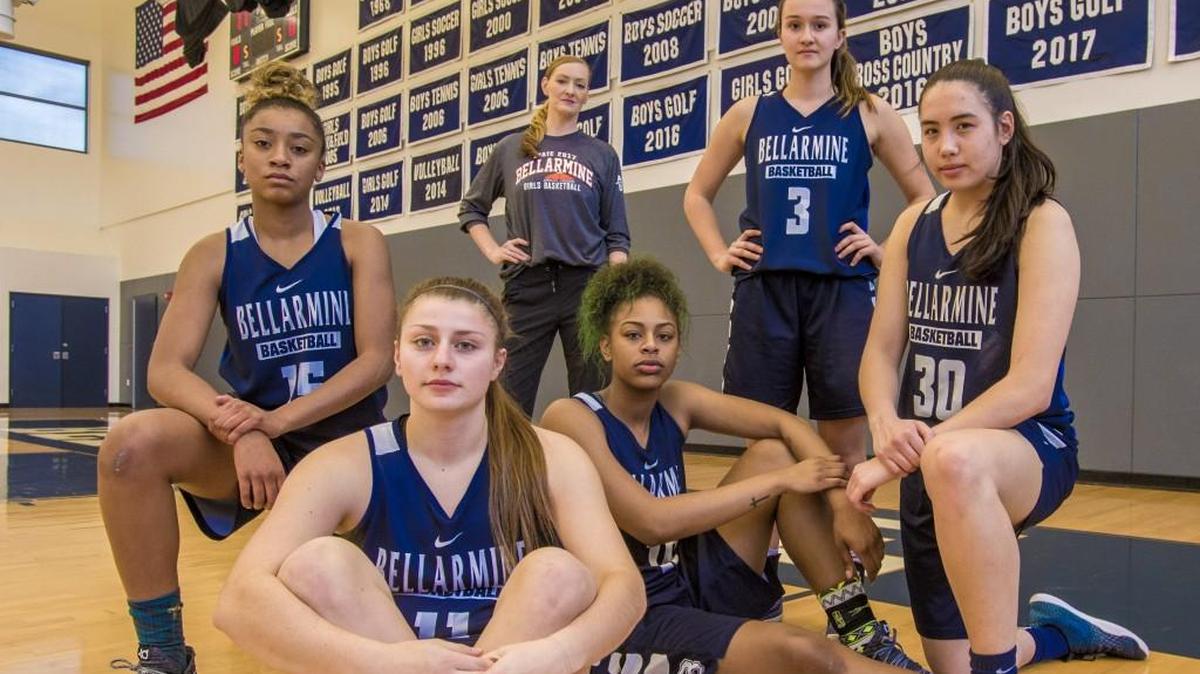 All five of last year’s starters return to the lineup for the Bellarmine girls basketball team. Left to right, Reyelle Frazier, Jenny Hagle, Shalyse Smith, Madeline Garcia, and Ciara Gatpatan. Behind is coach Kim West.