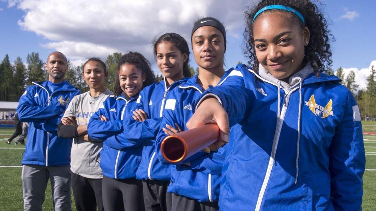 Tahoma High's girls sprint relay team is expected to be a force at state. From right, Tierra "Umi" Wilson, Olivia Ribera, Alisha "Miya" Wilson and Aliya "Nami" Wilson. They are coached on a volunteer basis by Olympic hopeful Princess Joy Griffey, second from left, and Aaron Blake, Griffey's former coach at Decatur high. Photo taken in Covington on Thursday, April 14, 2016.
