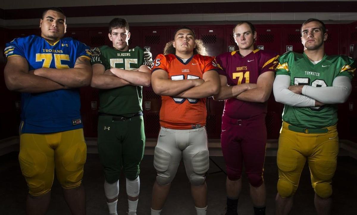 The first team offensive line includes Fife’s MJ Ale, Timberline’s Conner Warick, Lakes’ Hector Jasso, Enumclaw’s Keegan Ulrich, and Tumwater’s Cy Hicks. Photographed at Mount Tahoma High School in Tacoma, Wash., on Sunday, Nov. 19, 2017.