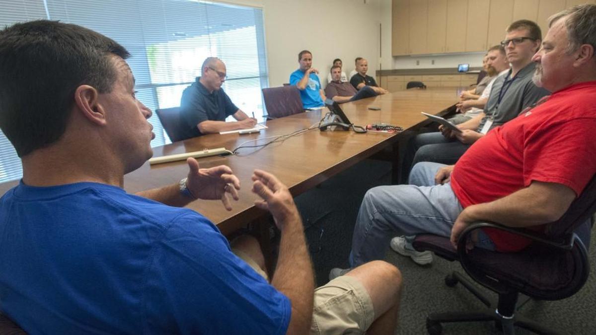 
High School coaches discuss the biggest issues facing them entering the new school year. From left, Lakes football coach Dave Miller, News Tribune sports editor Darrin Beene, Gig Harbor boys soccer coach Todd Northstrom, White River boys basketball coach Rick Tripp, Rogers baseball coach Matt Whitehead, Fife softball coach Michelle Nixon, Orting wrestling coach Jody Coleman, News Tribune staff writer TJ Cotterill and Cascade Christian football coach Randy Davis. 
