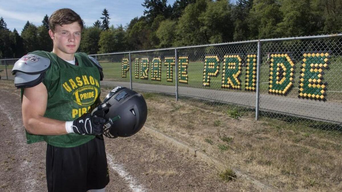Vashon High senior running back Bryce Hoisington was all business last year, setting the state single-season rushing record with 2,929 yards and the single-game record with 573 yards in the season finale against Coupeville. Photo taken on Friday, Aug. 26, 2016.