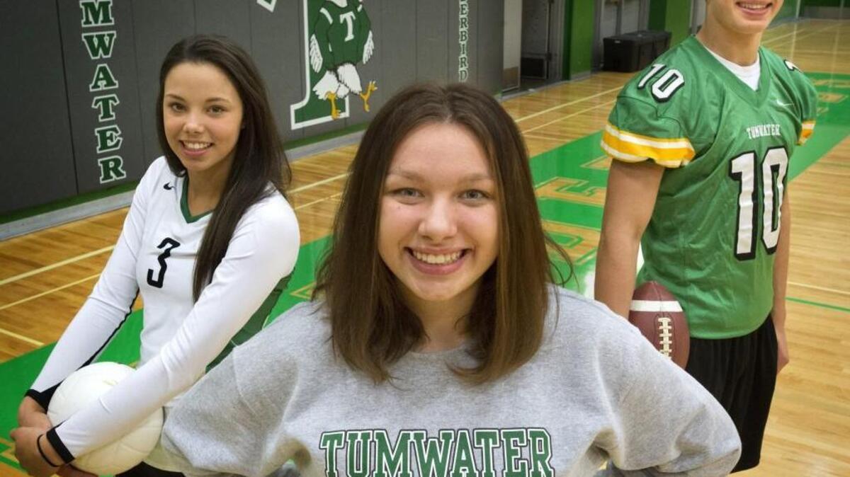 Kennedy Croft, left, Kylie Otton, center, and Cade Otton will all compete in Class 2A state events this weekend for Tumwater High School. The three are grandchildren of legendary football coach Sid Otton.