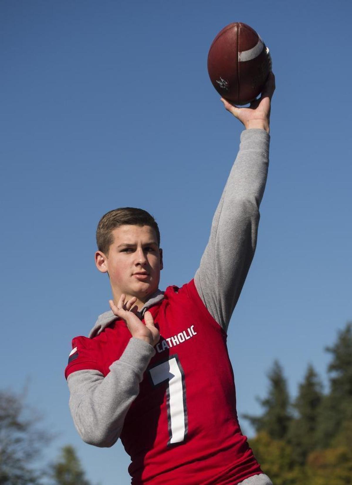 Kennedy Catholic quarterback Sam Huard. Photo taken at Kent-Meridian High in Kent on Wednesday, Oct. 4, 2017.