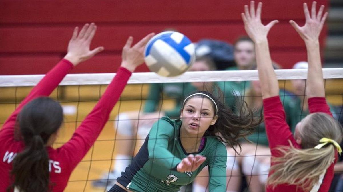Tumwater's Kennedy Croft fires a shot between Archbishop Murpy defenders Claire Doud (left) and Teresa Barron during the T-Birds' five-set victory over the Archbishop Murphy Wildcats at the WIAA 2A Volleyball State Championship tournament fifth-place game. Croft, a Gonzaga commit, will be a player to watch in the South Sound.