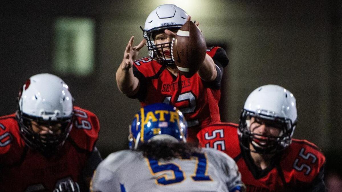 Steilacoom’s JJ Lemming (12) gets the snap in the fourth quarter. Fife played Steilacoom in a football game at Steilacoom High School in Steilacoom, Wash., on Friday, Oct. 26, 2018.