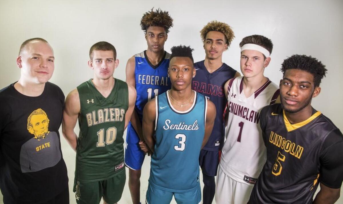 Clockwise from left: Lincoln's Aubrey Shelton, Timberline's Erik Stevenson, Federal Way's Jaden McDaniels, Wilson's Emmitt Matthews Jr., Enumclaw's Kaden Anderson, Lincoln's Willie Thomas III, and Spanaway Lake's Divante Moffitt photographed at the Tacoma News Tribune in Tacoma, Wash., on Sunday, Feb. 25, 2018.