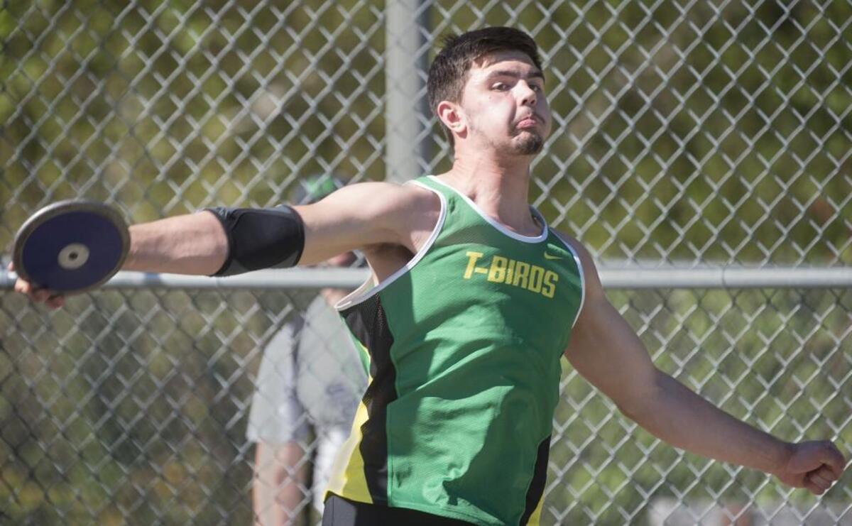 Tumwater's Tyler Gilliand tosses the discus at the South Sound Froshowcase track and field meet at Ingersoll Stadium in Olympia on Wednesday, May 3, 2017.