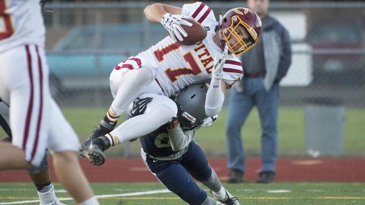 Cougars receiver Chris Schnellman pulls in a touchdown pass over Hawks defensive back TJ Page on Friday, but River Ridge would go on to defeat Capital, 35-22.