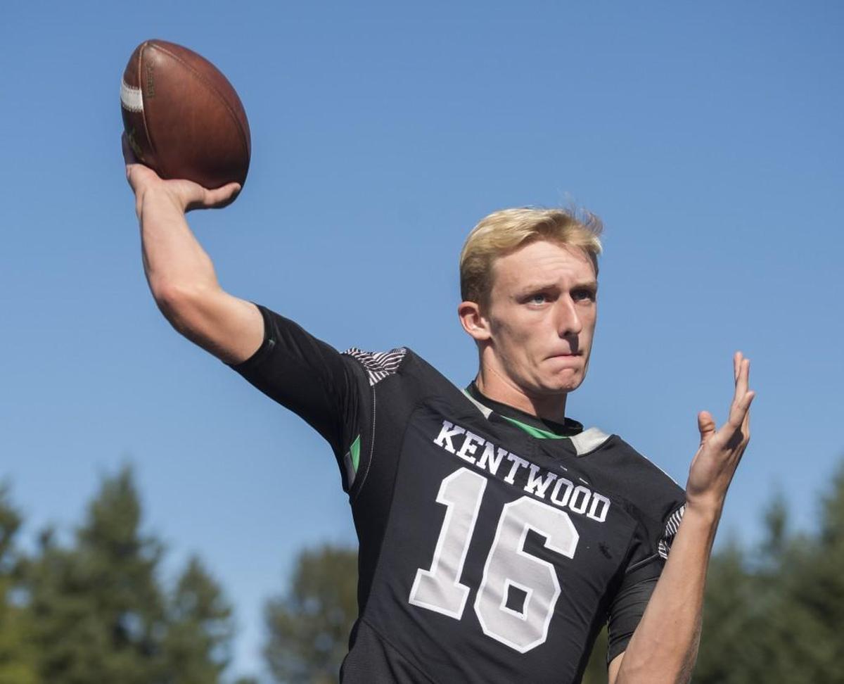 Kentwood quarterback Justin Seiber. Photo taken at Kent-Meridian High in Kent on Wednesday, Oct. 4, 2017.