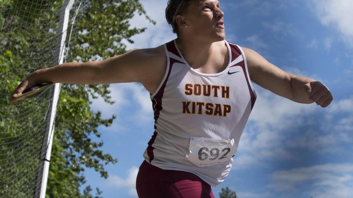 South Kitsap's Nolan Van Amen throws the discus during the 4A West Central District 3 and Southwest District 4 track and field meet. He’s going for state title No. 4 in the event at this year’s state meet.