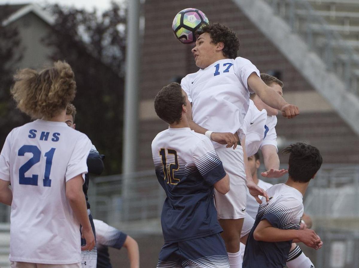Stadium’s Kendall Burks (17) heads the ball on a corner kick in the first half. Stadium played West Seattle in a soccer match at Mount Tahoma High School in Tacoma, Wash., on Tuesday, May 16, 2017.