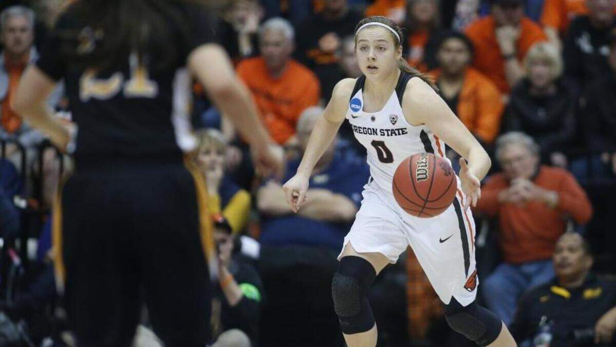 Oregon State’s Mikayla Pivec (0) during a first-round game in the women’s NCAA college basketball tournament Friday, March 17, 2017, in Corvallis, Ore.
