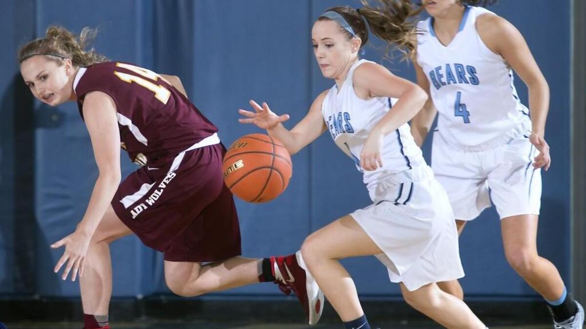 Olympia’s Moriah Luthy, center, steals the ball from South Kitsap’s Savannah Foster, left, as the Bears’ Jenna Randich comes in to assist.