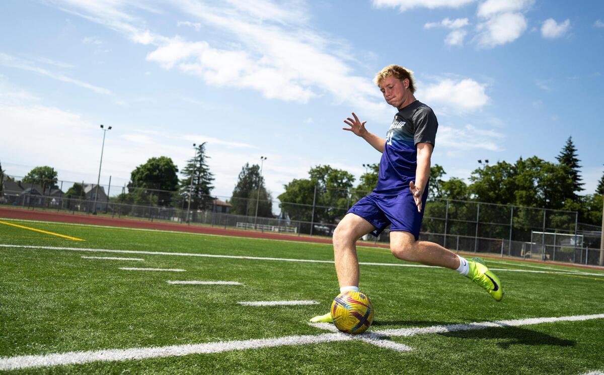 The News Tribune’s 2025 All-Area boys soccer player of the year Puyallup High School senior forward Zack Robertson poses for a portrait at Sparks Stadium, on Thursday, June 12, 2025, in Puyallup, Wash.