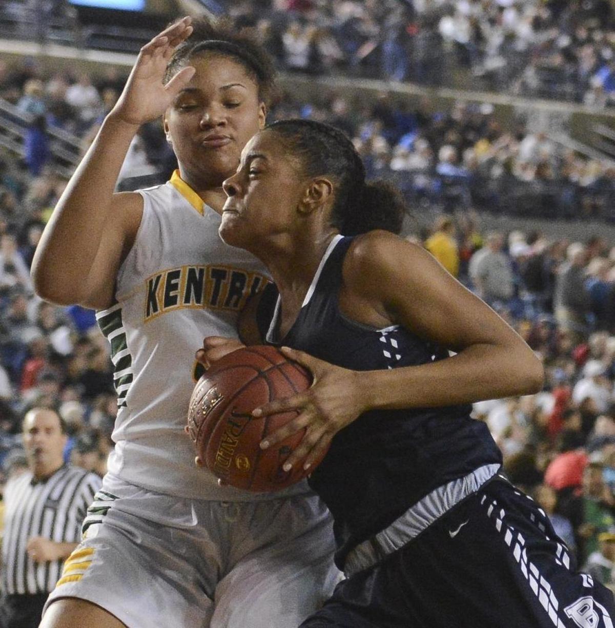 Bellarmine Prep's Shalyse Smith works against Kentridge's JaQuaya Miller in the second quarter. Kentridge played Bellarmine Prep in a basketball game at the Tacoma Dome in Tacoma, Wash., on Friday, March 3, 2017.