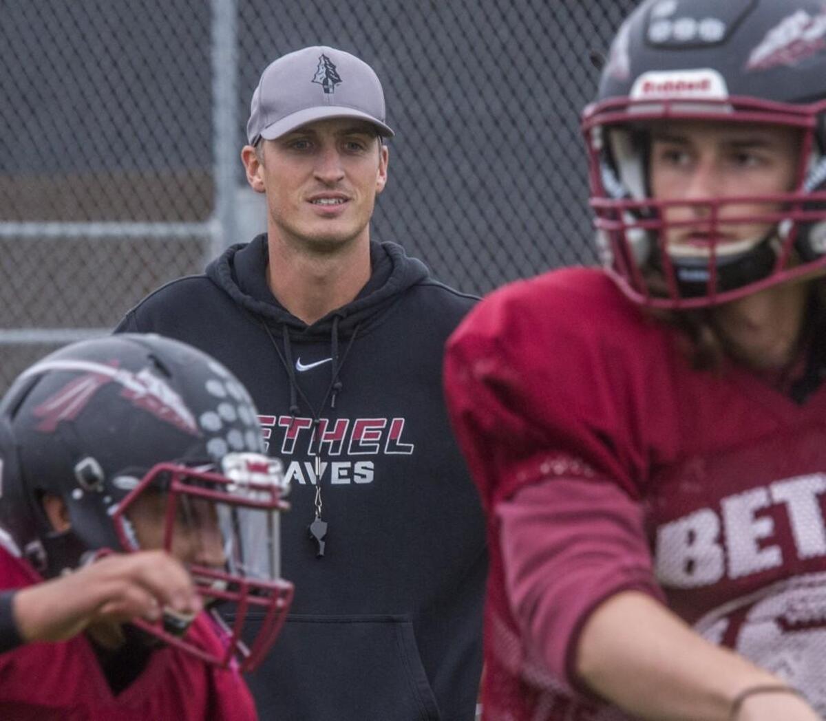 Head coach Mark Iddins of the Bethel football team in practice, October 25, 2017.