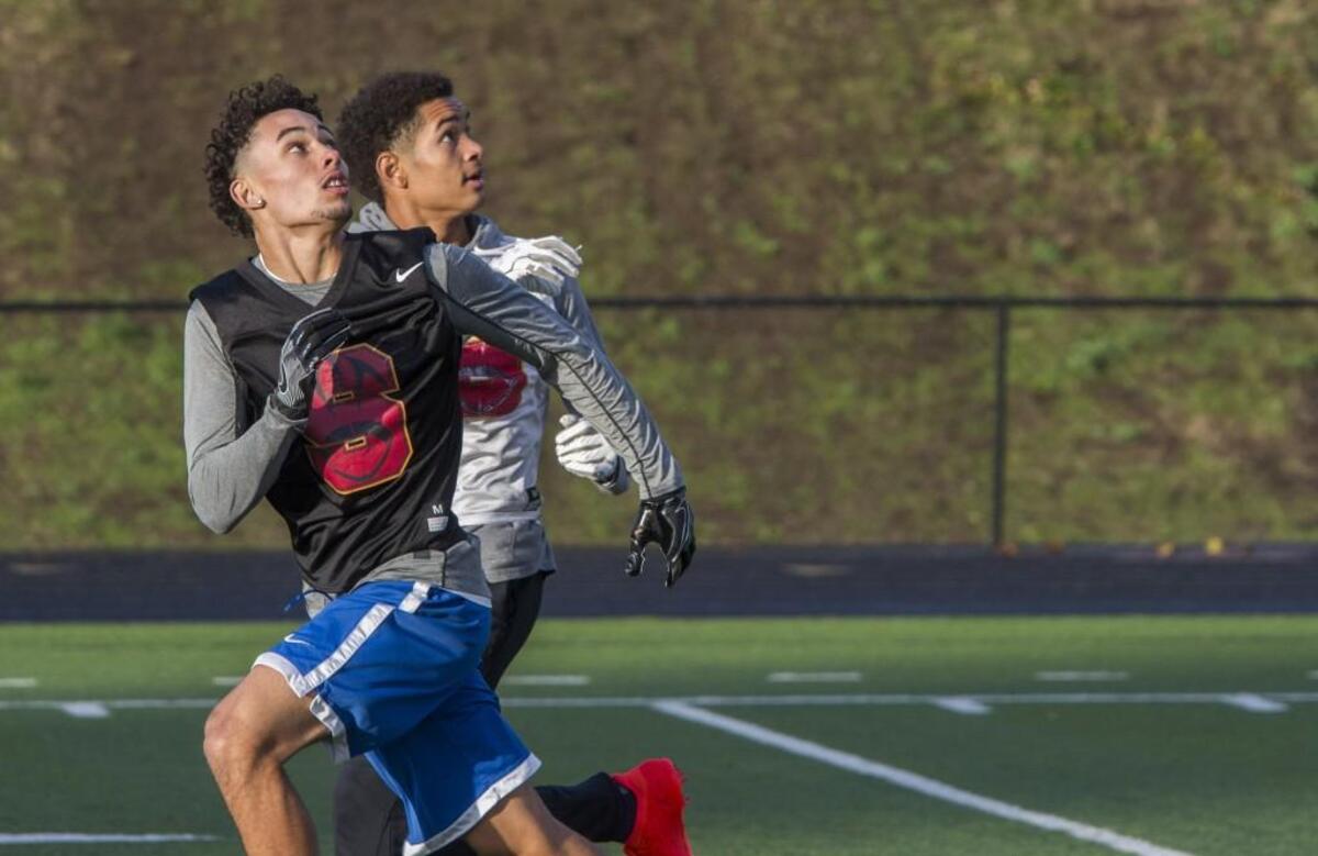 TJ Page (left) and Emeka Egbuka are wide receivers for the Steilacoom Sentinels football team. November 15, 2017