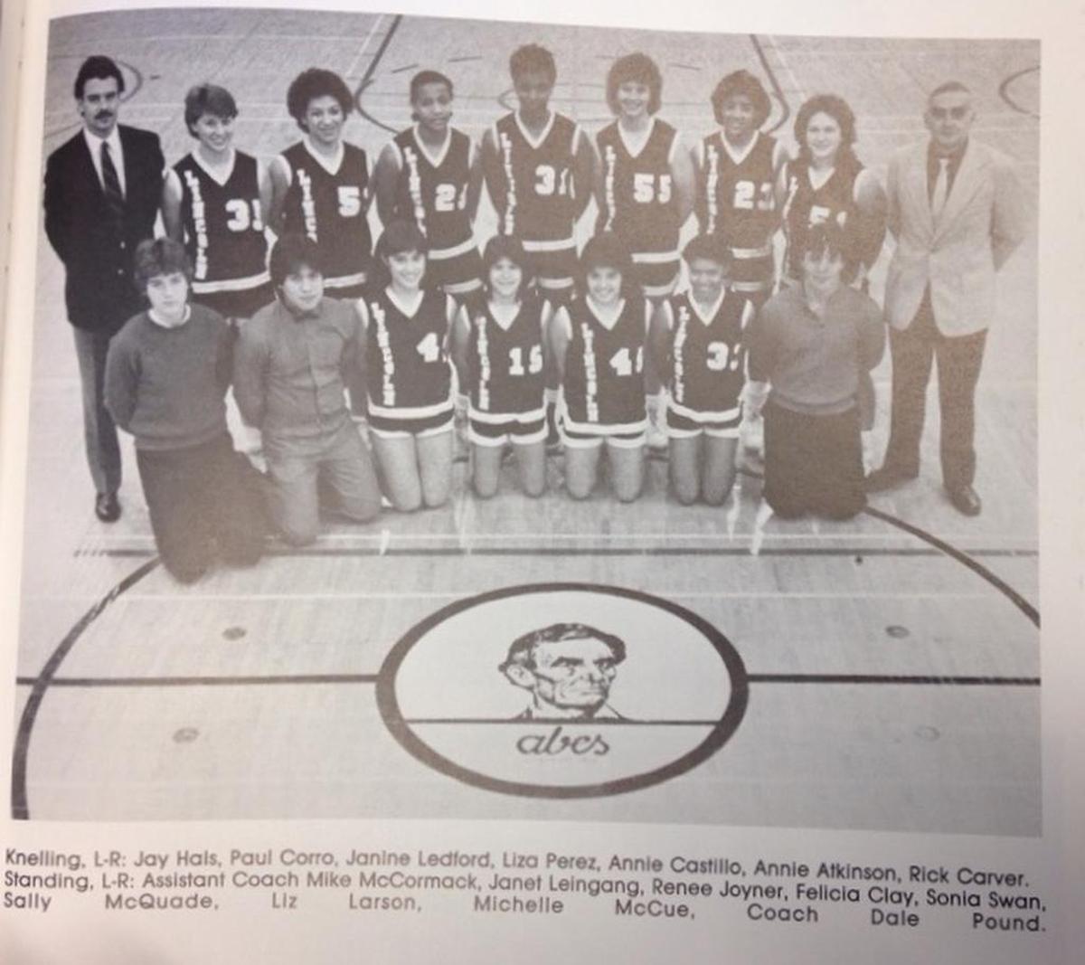 Team photo of the 1985 Lincoln High School girls basketball team, which includes Elizabeth Larson, who would later give birth to current Boston Celtics star Kyrie Irving.