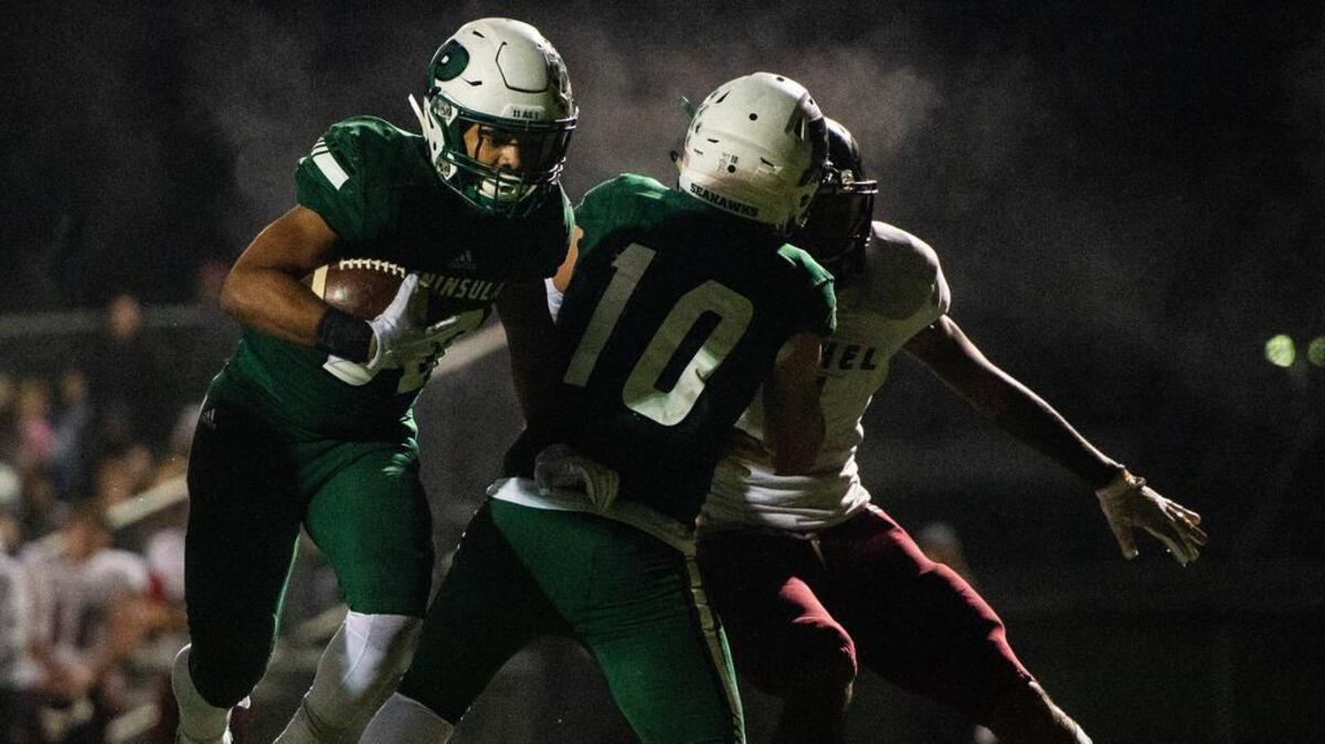 Peninsula’s Braeden Potter (30) rushes for a touchdown in the third quarter. Peninsula High School payed Bethel in a football game at Roy Anderson Field in Purdy, Wash., on Friday, Nov. 9, 2018.