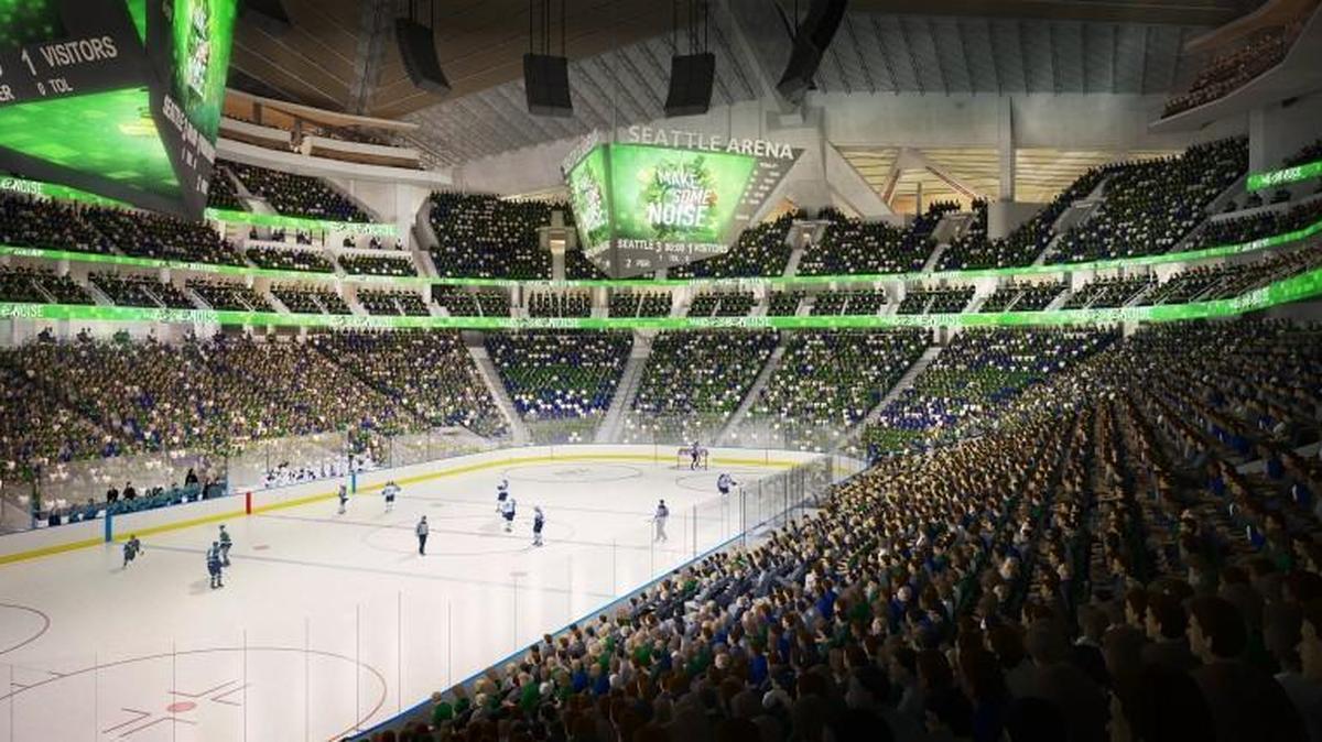 In this computer drawing provided by the Oak View Group, a proposed remodeled KeyArena in Seattle with an NHL hockey rink is shown.
