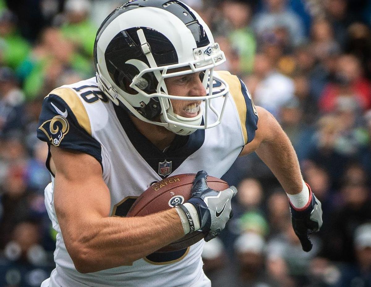 Rams wide receiver Cooper Kupp (18) runs after a catch. The Seattle Seahawks played the Los Angeles Rams in a NFL football game at CenturyLink Field in Seattle, Wash., on Sunday, Oct. 7, 2018.
