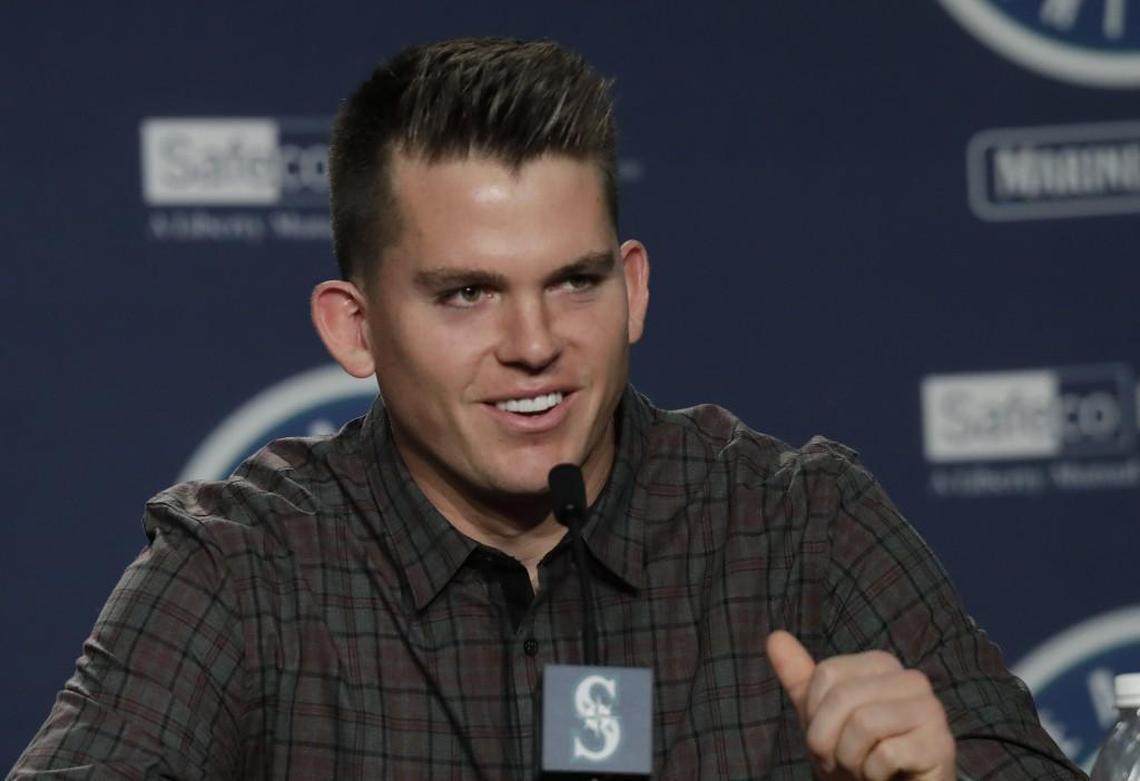 Seattle Mariners first baseman Ryon Healy speaks Thursday, Jan. 25, 2018, in Seattle, during the Mariners annual media briefing before the start of spring training baseball. (AP Photo/Ted S. Warren)