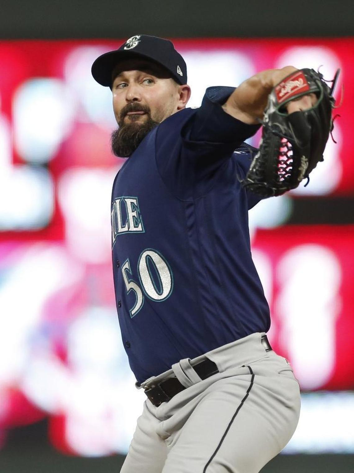 Seattle Mariners relief pitcher Nick Vincent throws against the Minnesota Twins in the eighth inning on June 14, 2017. Vincent set career-highs in games (69), innings (64 2/3) and holds (29), which was the second-most in the major leagues, in 2017, but fatigued in the season’s final weeks.