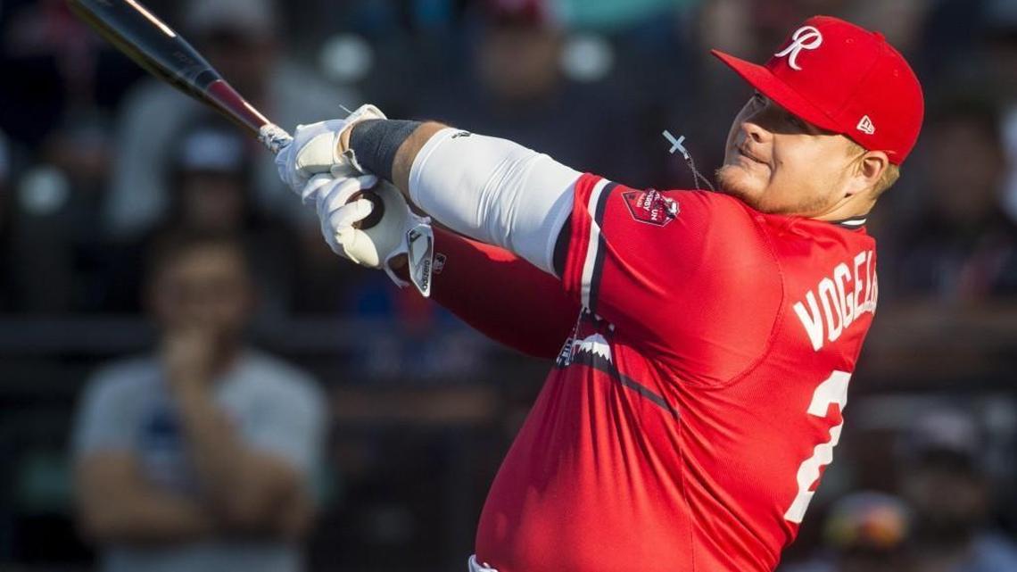 Daniel Vogelbach swings at a pitch during the Minor League Baseball Home Run Derby at Cheney Stadium in Tacoma, Wash., on Tuesday, July 11, 2017.