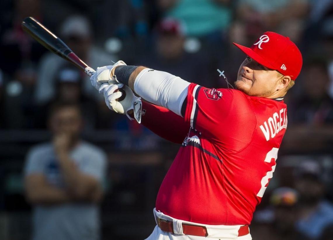 Daniel Vogelbach blasts a home run during the Minor League Baseball Home Run Derby at Cheney Stadium in Tacoma, Wash., on Monday, July 10, 2017.