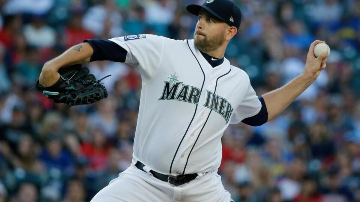Lefty James Paxton pitched seven shutout innings Monday in the Mariners’ victory over Boston.