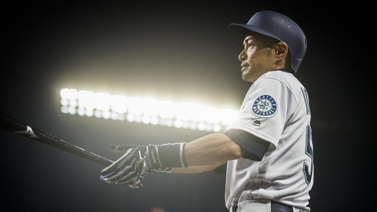 Ichiro Suzuki warms up on deck before the start of the third inning, his first at-bat as a Mariner this season. The Seattle Mariners played the Cleveland Indians in a baseball game on Opening Day at Safeco Field in Seattle, Wash., on Thursday, March 29, 2018.
