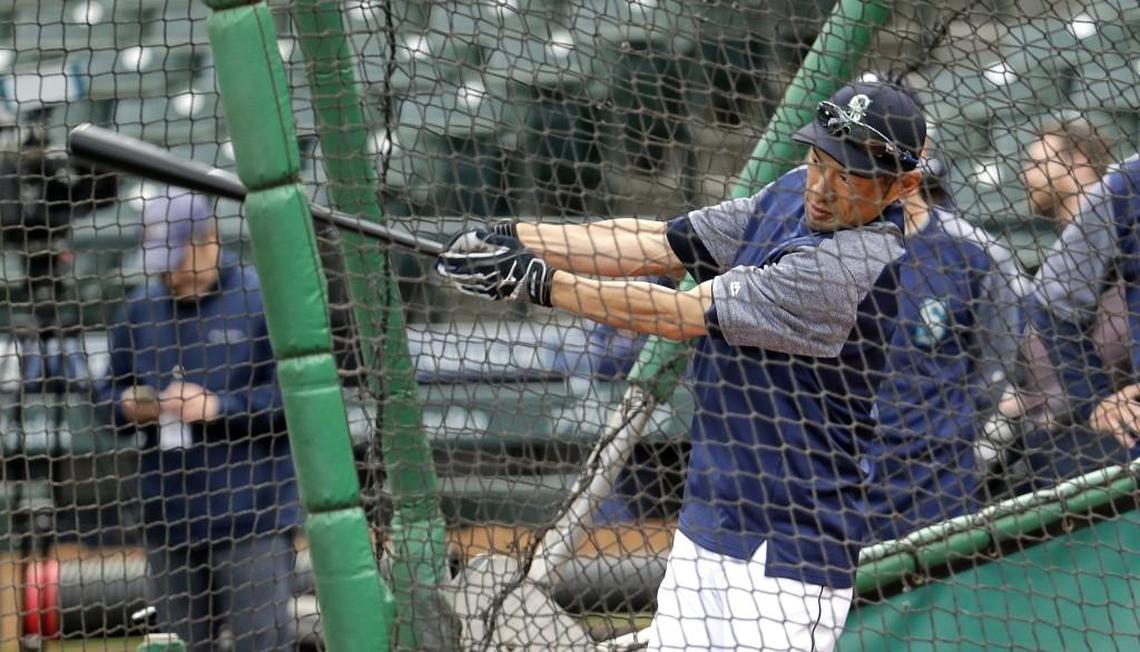 Seattle Mariners' Ichiro Suzuki takes batting practice during a practice on the team's home field Wednesday, March 28, 2018, in Seattle. The team opens play Thursday against the Cleveland Indians.