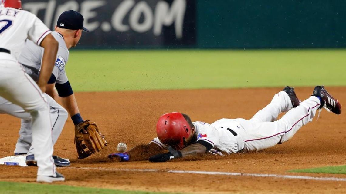 Third baseman Kyle Seager had to catch the throw from center fielder Jarrod Dyson in the eigthh inning, then apply the tag to Delino DeShields and hold onto the ball in order to record the out.