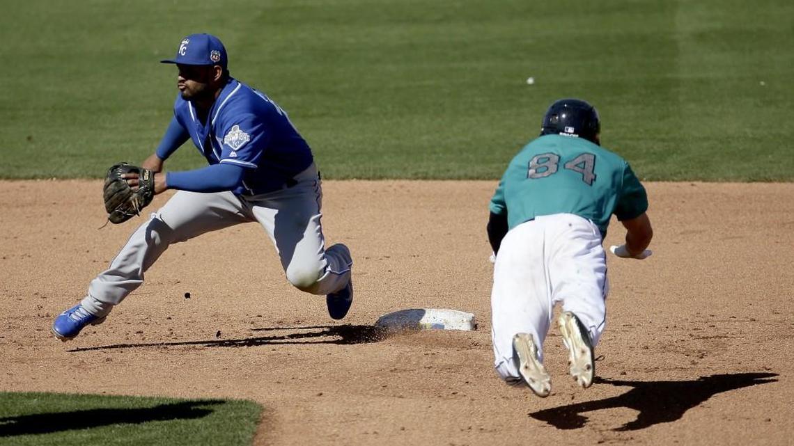 Mariners prospect Ian Miller, right, tries to steal second base as Royals shortstop Christian Colon takes the throw during a spring training game in March. Miller is 44 of 45 on steal attempts this season for Double-A Jackson.