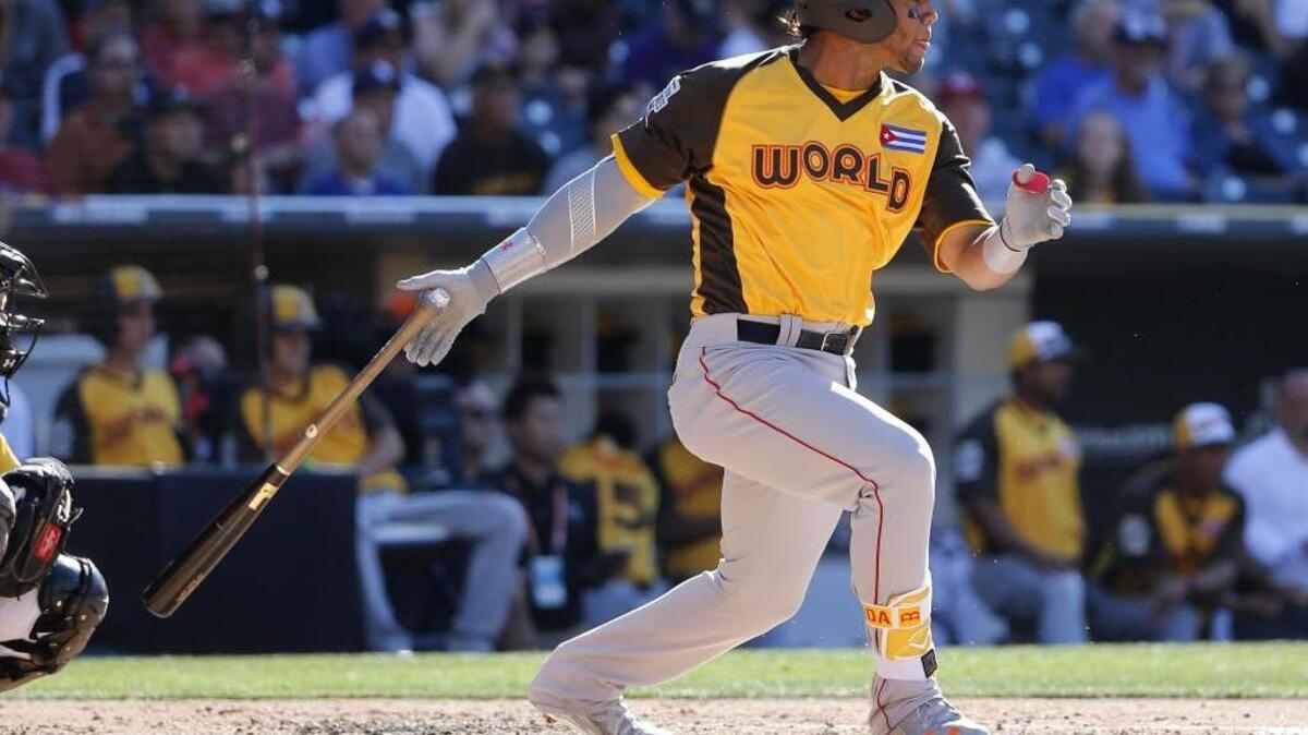 Yoan Moncada, playing for the World Team at last year’s All-Star Futures game in San Diego and ranked as one of the top prospects in baseball, is playing for the International League in this year’s Triple-A All-Star Game at Cheney Stadium.