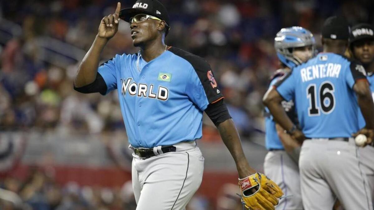 Thyago Vieira walks from the mound after being relieved during the All-Star Futures baseball game last month. The hard-throwing Vieria was recently promoted to the Rainiers and could wind up in Seattle soon.