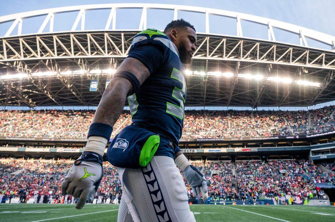 Seattle Seahawks safety Jamal Adams (33) walks toward the locker room during the second quarter of an NFL game against the San Francisco 49ers on Sunday at Lumen Field in Seattle.