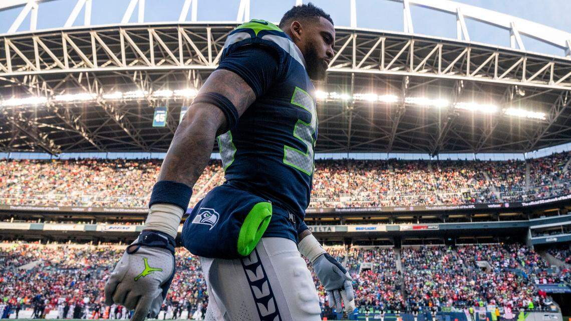 Seattle Seahawks safety Jamal Adams (33) walks toward the locker room during the second quarter of an NFL game against the San Francisco 49ers on Sunday at Lumen Field in Seattle.