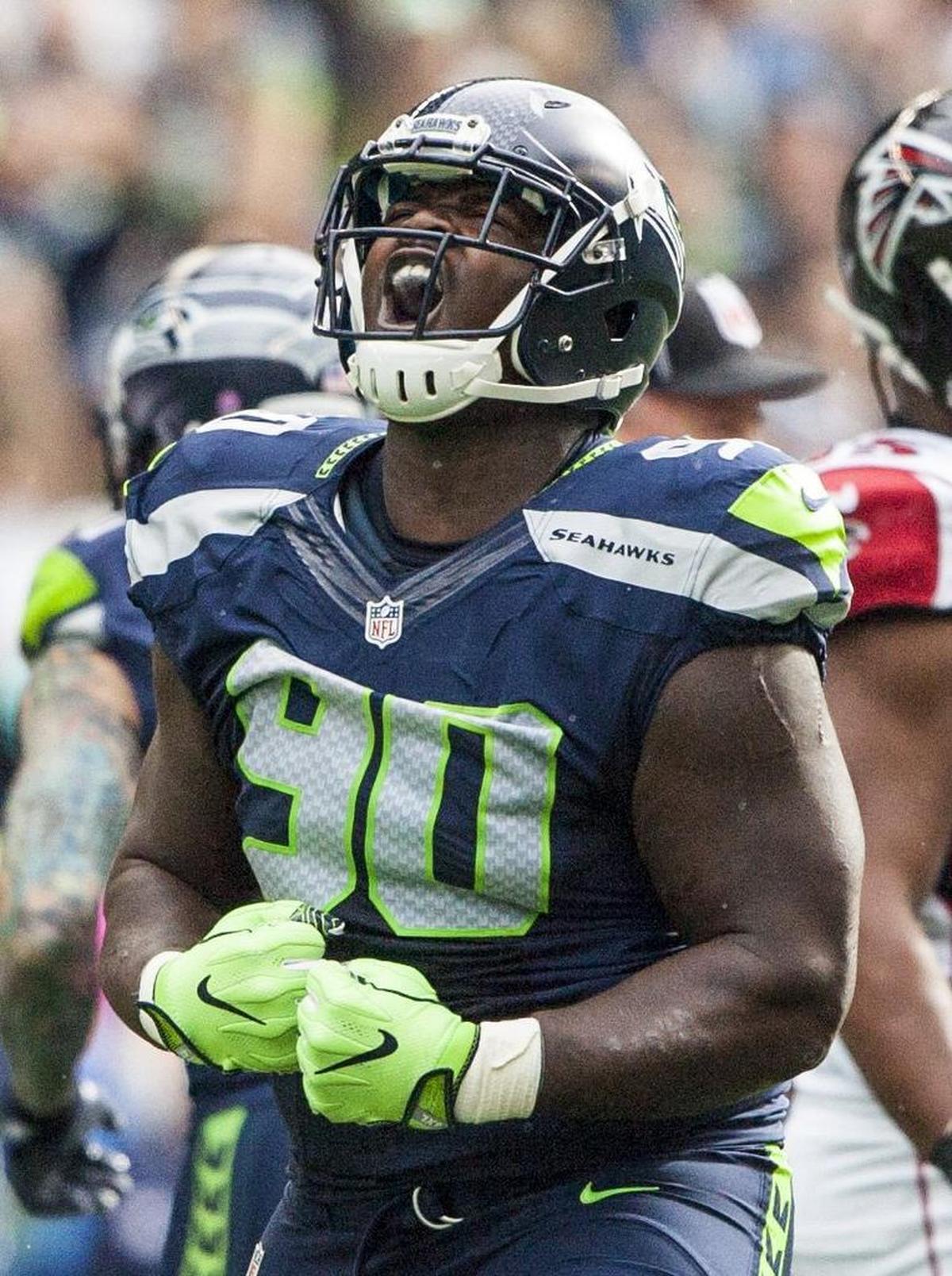 Seahawks rookie defensive lineman Jarran Reed celebrates a sack in the first quarter. The Seattle Seahawks played the Atlanta Falcons in a NFL football game at CenturyLink Field in Seattle, Wash., on Sunday, October 16, 2016.