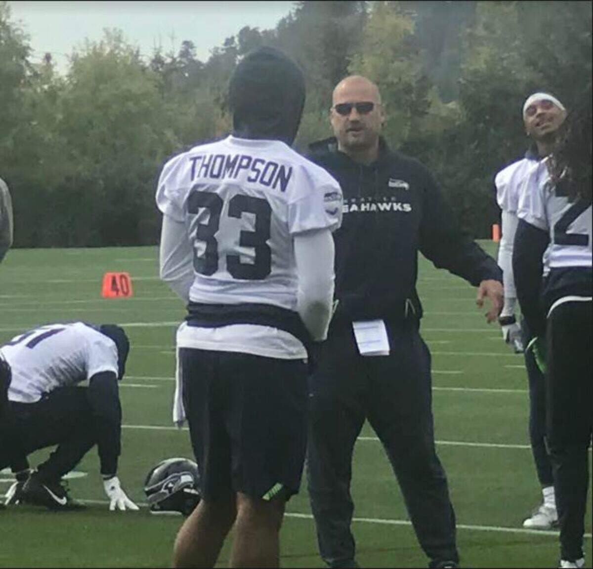 Tedric Thompson getting coached at practice Wednesday at Seahawks headquarters in Renton. The 2017 fourth-round draft choice from Colorado is preparing to make his first NFL start on Sunday against the undefeated Los Angeles Rams, at free safety for injured Earl Thomas.